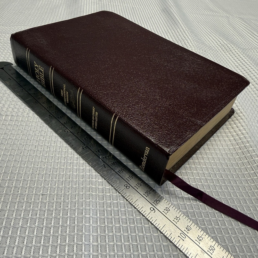 1986 NIV Holy Bible Red Letter Thumb-indexed Burgundy Faux Leather Marked